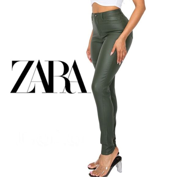 Zara Green Faux Leather high rise skinny pants leggings size small small - Picture 3 of 7
